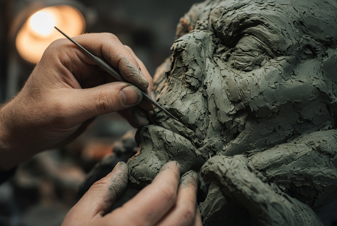Hands working clay on an ogre face — the craft behind the credit