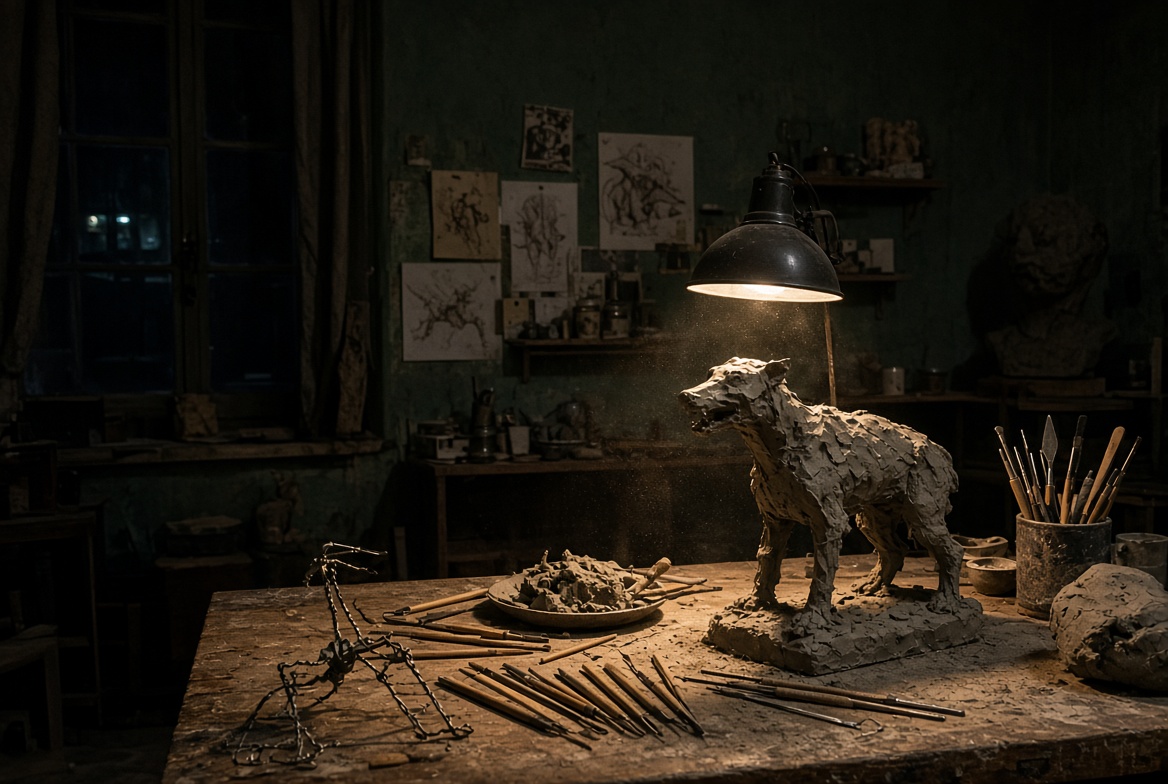 Sculptures on shelves in Tom Hester’s studio